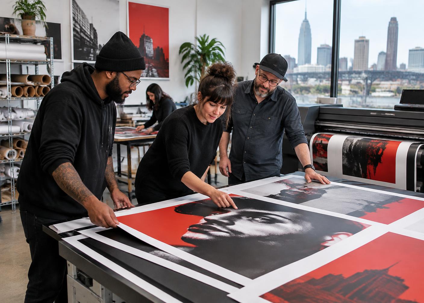3KP production team reviewing large-format prints